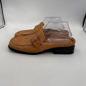 Thom McAn Dawn Tan Leather Buckle Mule Loafers Square Toe Clogs Womens 10 97413